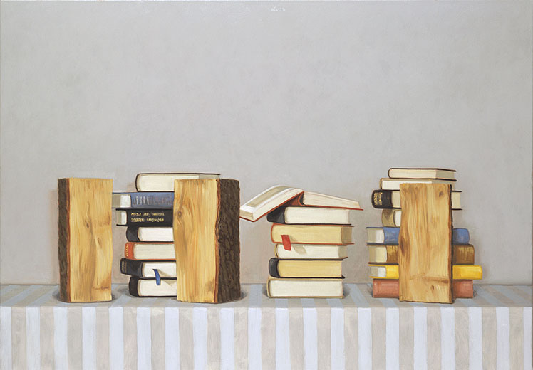 Hans-Joachim Billib: Bücher & Scheite, 2011, Öl auf Leinwand, 70 x 100 cm