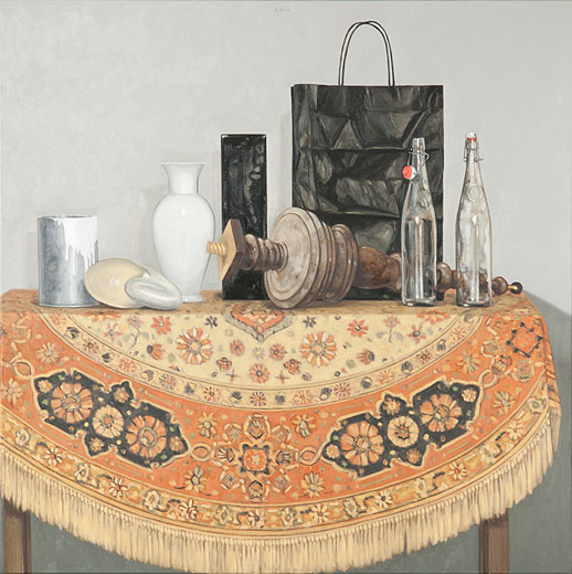 Hans-Joachim Billib: Stilleben, mit Teppich, 2010, Öl auf Leinwand, 100 x 100 cm