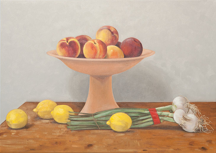 Hans-Joachim Billib: Pfirsich, Zitrone und Lauch, 2011, Öl auf Leinwand 50 x 70 cm