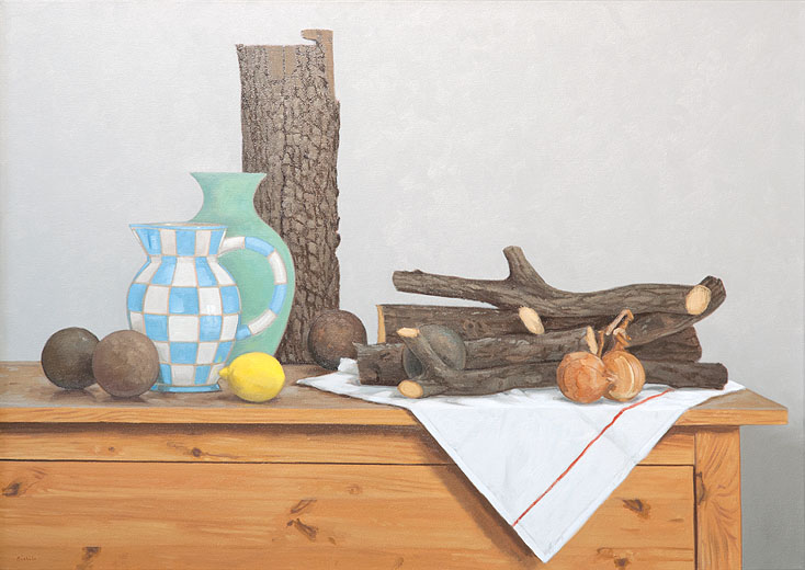 Hans-Joachim Billib: Stilleben mit Holz, 2011, Öl auf Leinwand, 70 x 100 cm